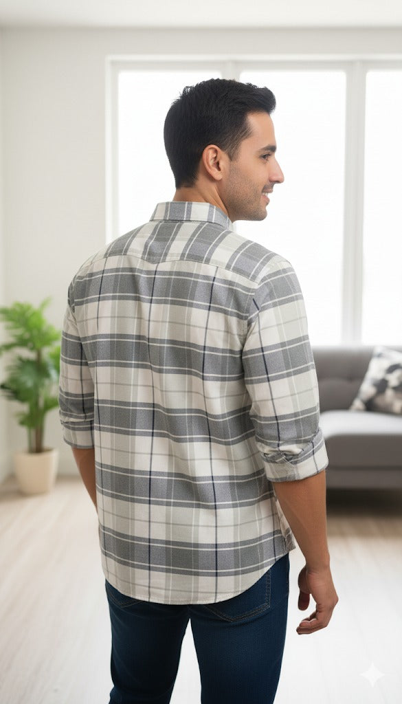 Men's Soft-Brushed Cotton Plaid Shirt - Stone Grey