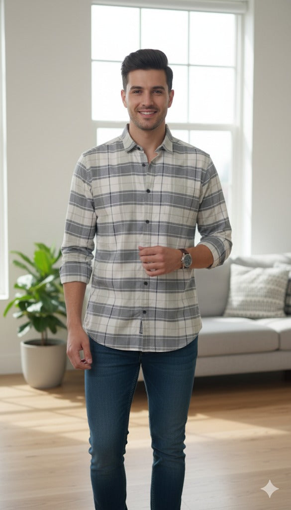 Men's Soft-Brushed Cotton Plaid Shirt - Stone Grey