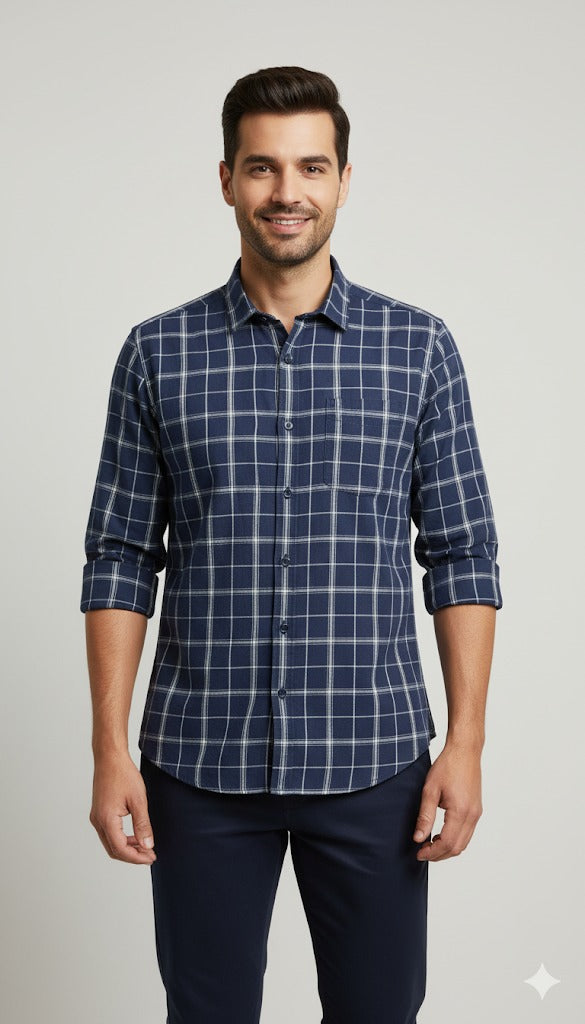 Men's Classic Navy Blue & White Check Casual Shirt