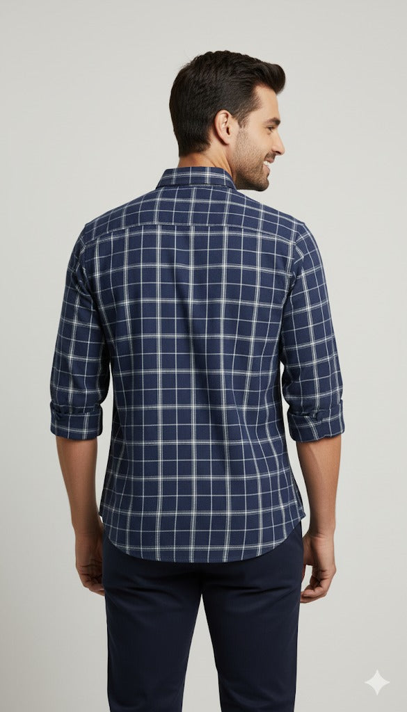 Men's Classic Navy Blue & White Check Casual Shirt