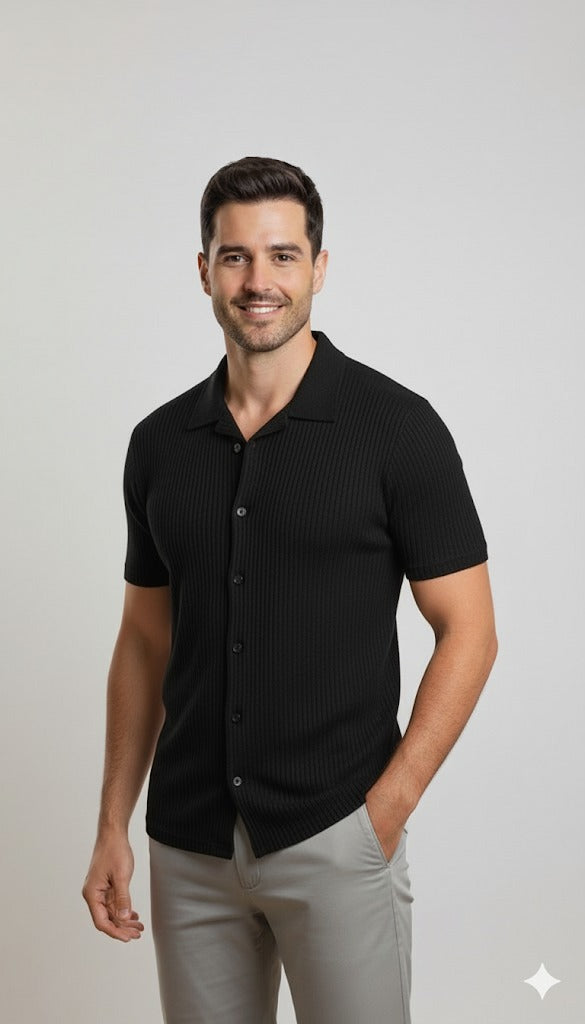Men's Ribbed Knit Button-Through Polo Shirt - Black