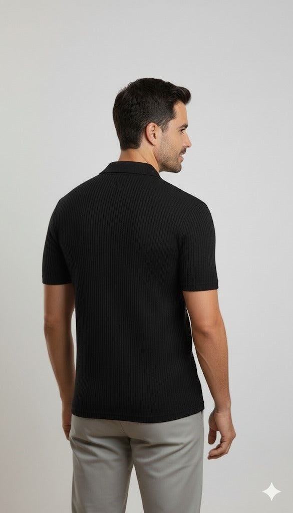 Men's Ribbed Knit Button-Through Polo Shirt - Black