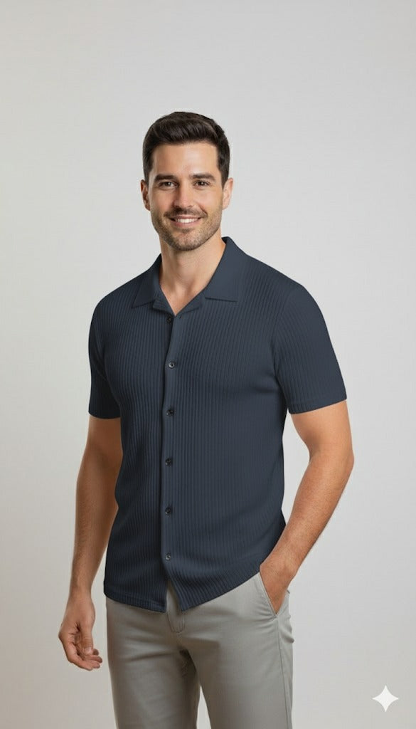 Men's Ribbed Knit Button-Through Polo Shirt - Steel Blue