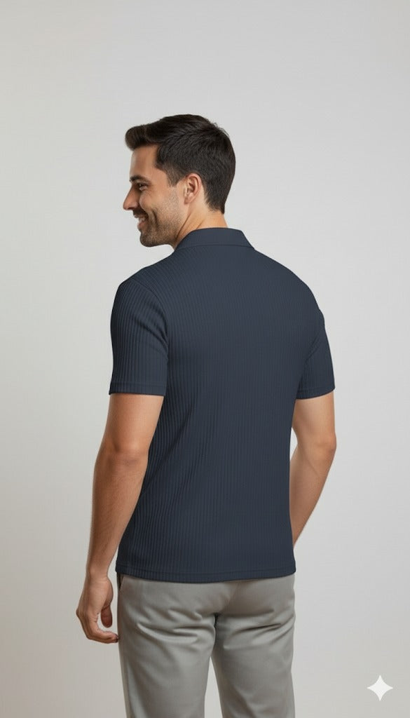 Men's Ribbed Knit Button-Through Polo Shirt - Steel Blue