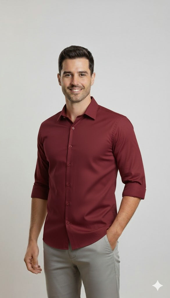Men's Premium Solid Slim Fit Shirt - Rich Maroon