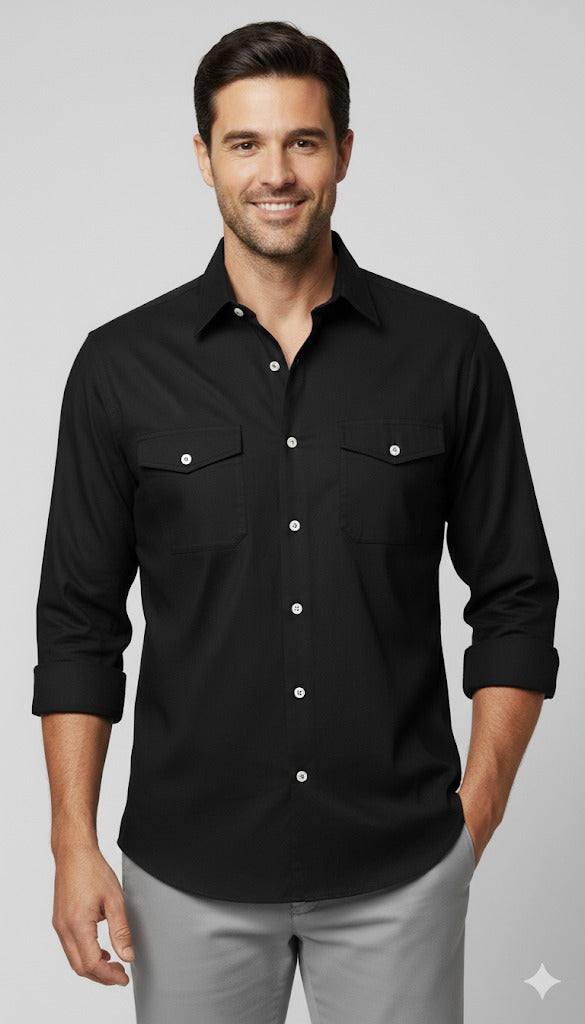 Men's Black Utility Workshirt with Double Pockets