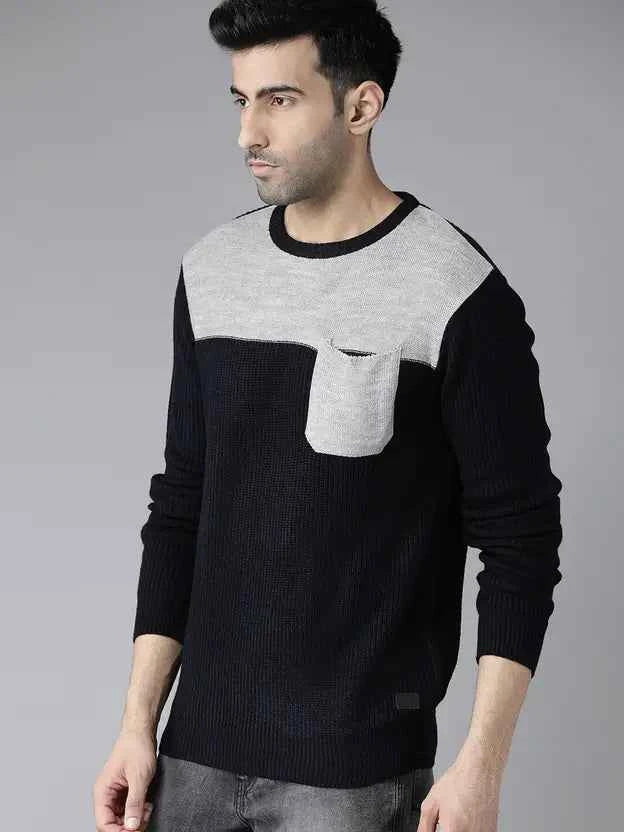 Roadster  Men Self Design Round Neck Blue Sweater