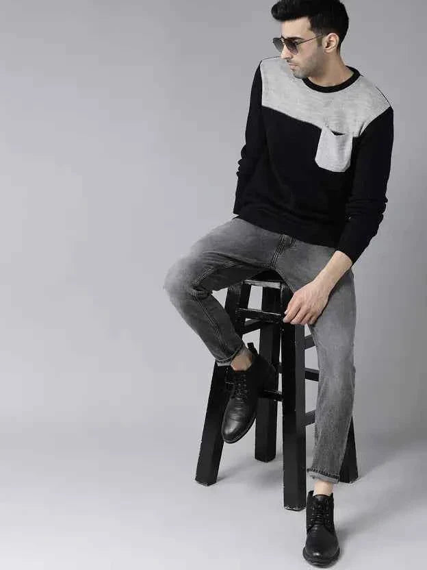 Roadster  Men Self Design Round Neck Blue Sweater