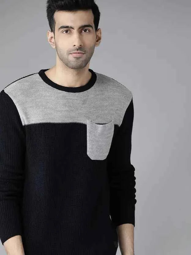 Roadster  Men Self Design Round Neck Blue Sweater