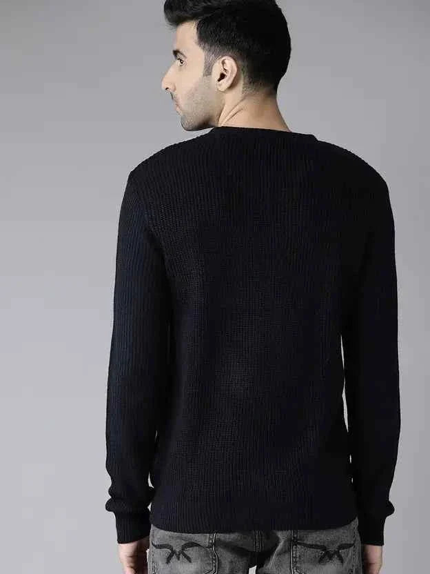 Roadster  Men Self Design Round Neck Blue Sweater