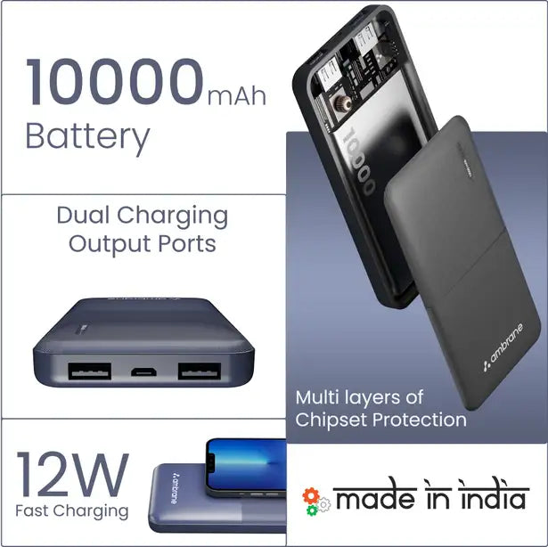 Ambrane 10000 mAh 12 W Compact Pocket Size Power Bank