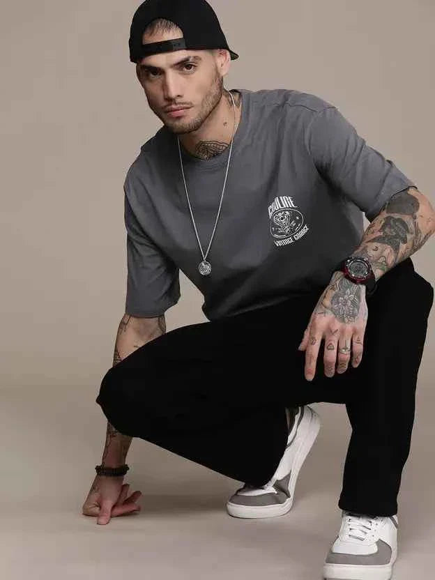 Men Typography Round Neck Grey T-Shirt