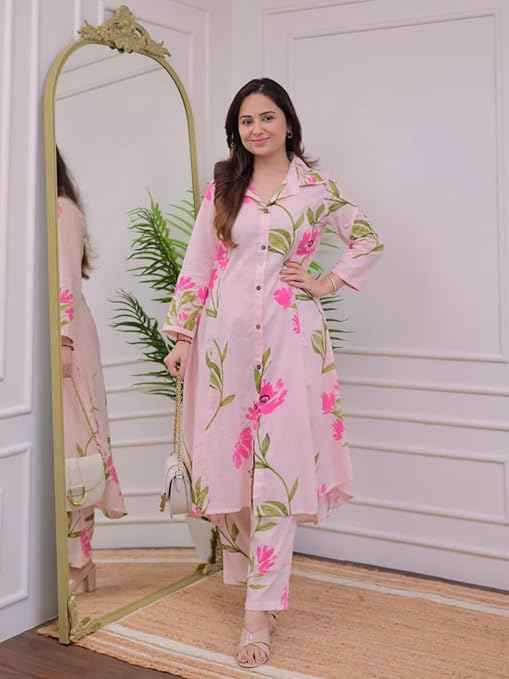 Brand: Leriya Fashion Leriya Fashion Cotton Kurta Set for Women – Printed Anarkali Kurta with Pants | Elegant Ethnic Outfit Office Look