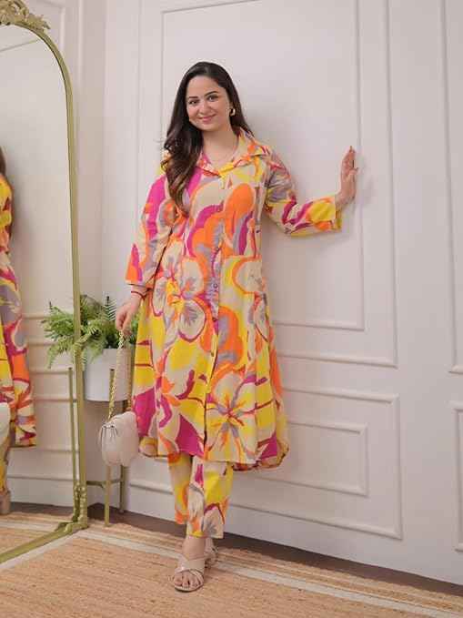 Brand: Leriya Fashion Leriya Fashion Cotton Kurta Set for Women – Printed Anarkali Kurta with Pants | Elegant Ethnic Outfit Office Look
