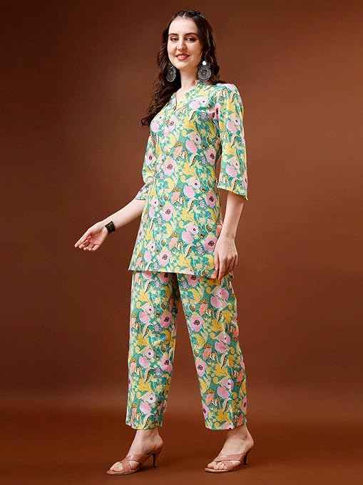 Yashika Women Trendy Printed Cotton Blend Straight Kurta and Palazzo Set
