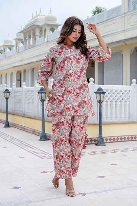 Yashika Women Trendy Printed Cotton Blend Straight Kurta and Palazzo Set