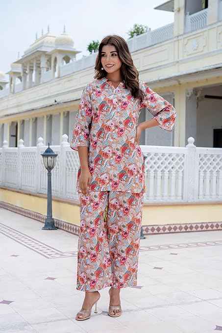 Yashika Women Trendy Printed Cotton Blend Straight Kurta and Palazzo Set