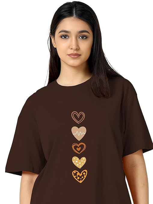 TQH Women's Casual Printed Round Neck, Oversized Longline Drop Shoulder Boho Style T-Shirt