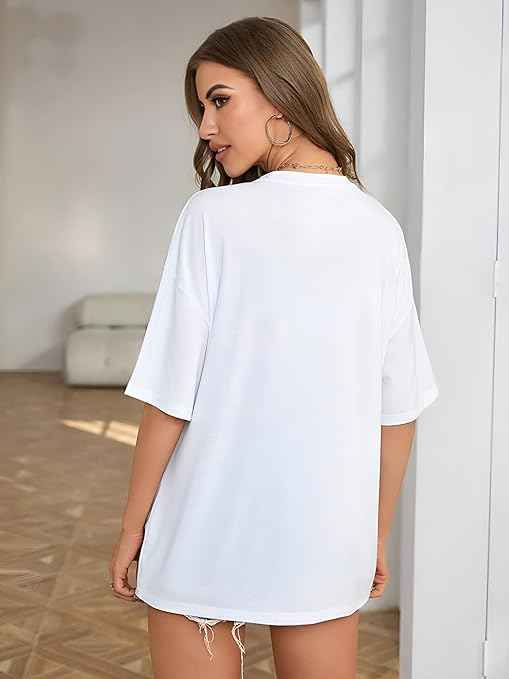 TQH Women's Casual Printed Round Neck, Oversized Longline Drop Shoulder Boho Style T-Shirt
