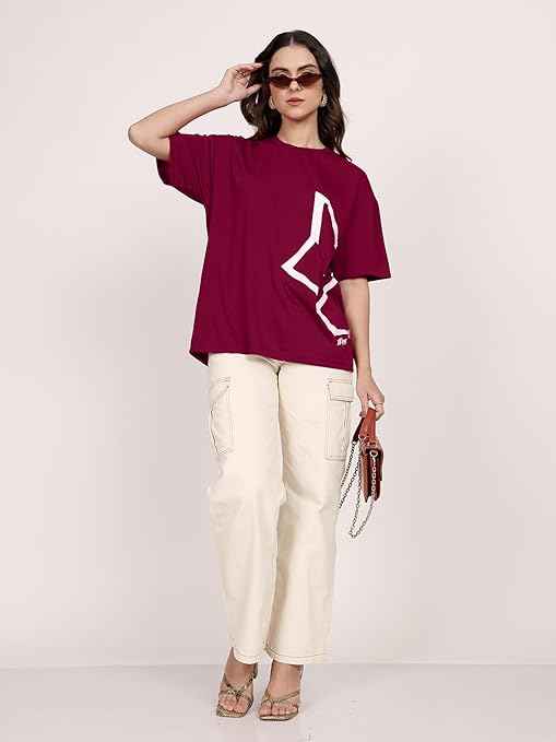 LEOTUDE Women Cottonblend Half Sleeve Oversized Regular Fit T-Shirt