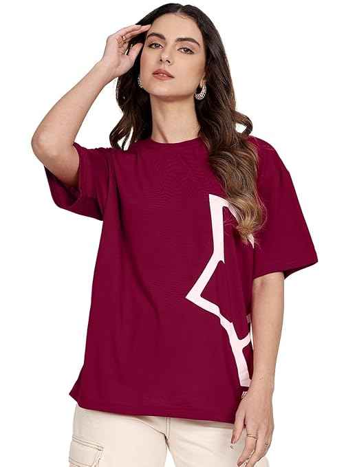 LEOTUDE Women Cottonblend Half Sleeve Oversized Regular Fit T-Shirt