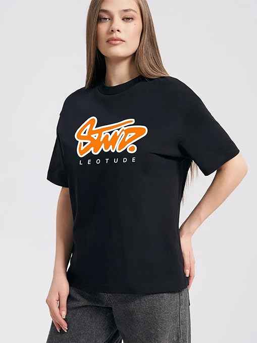 LEOTUDE Women Cottonblend Half Sleeve Oversized Regular Fit T-Shirts