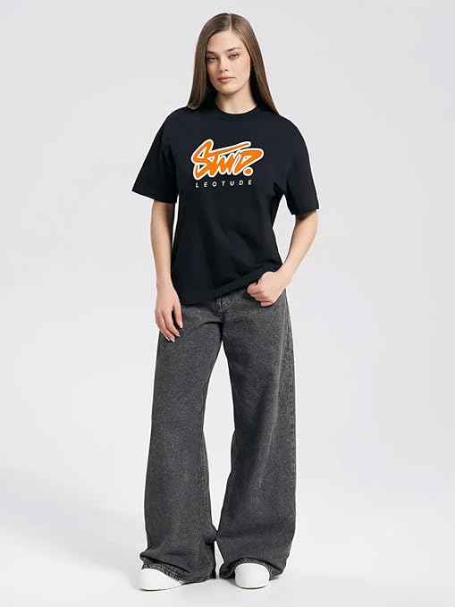 LEOTUDE Women Cottonblend Half Sleeve Oversized Regular Fit T-Shirts