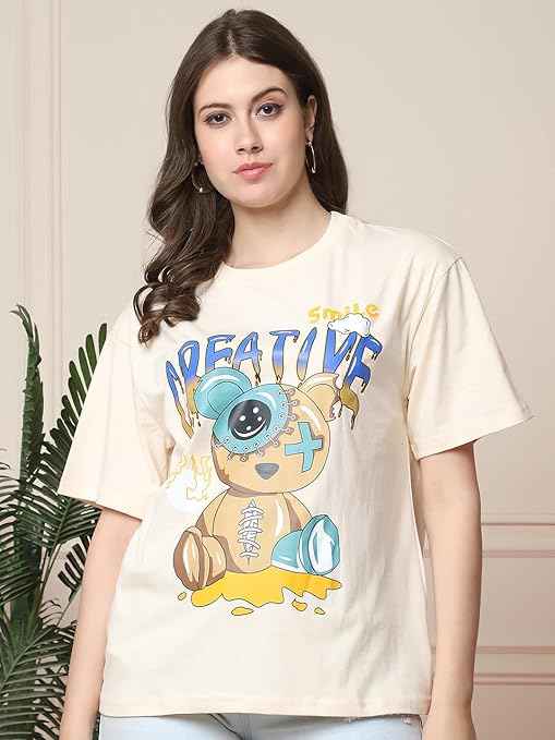 Brand: Fabflee Fabflee Pure Cotton Oversized Baggy Fit Drop Shoulder Latest Aesthetic & Cool Graphic Printed Half Sleeve Tshirt for Women |Trendy Tees |Casual Loose Korean T-Shirt