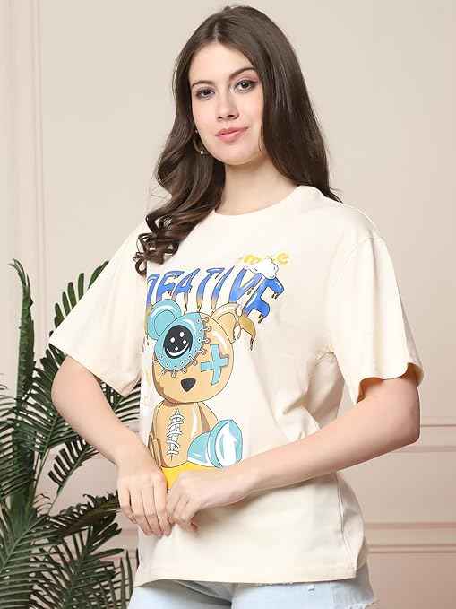 Brand: Fabflee Fabflee Pure Cotton Oversized Baggy Fit Drop Shoulder Latest Aesthetic & Cool Graphic Printed Half Sleeve Tshirt for Women |Trendy Tees |Casual Loose Korean T-Shirt
