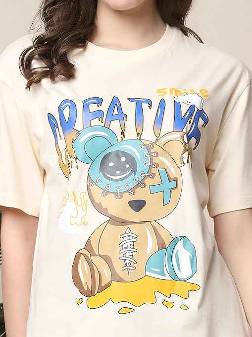 Brand: Fabflee Fabflee Pure Cotton Oversized Baggy Fit Drop Shoulder Latest Aesthetic & Cool Graphic Printed Half Sleeve Tshirt for Women |Trendy Tees |Casual Loose Korean T-Shirt