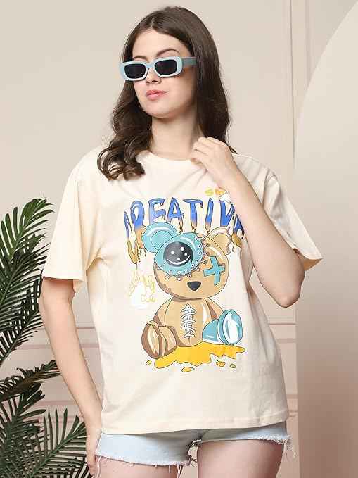 Brand: Fabflee Fabflee Pure Cotton Oversized Baggy Fit Drop Shoulder Latest Aesthetic & Cool Graphic Printed Half Sleeve Tshirt for Women |Trendy Tees |Casual Loose Korean T-Shirt