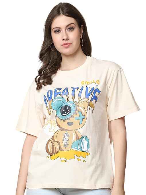 Brand: Fabflee Fabflee Pure Cotton Oversized Baggy Fit Drop Shoulder Latest Aesthetic & Cool Graphic Printed Half Sleeve Tshirt for Women |Trendy Tees |Casual Loose Korean T-Shirt