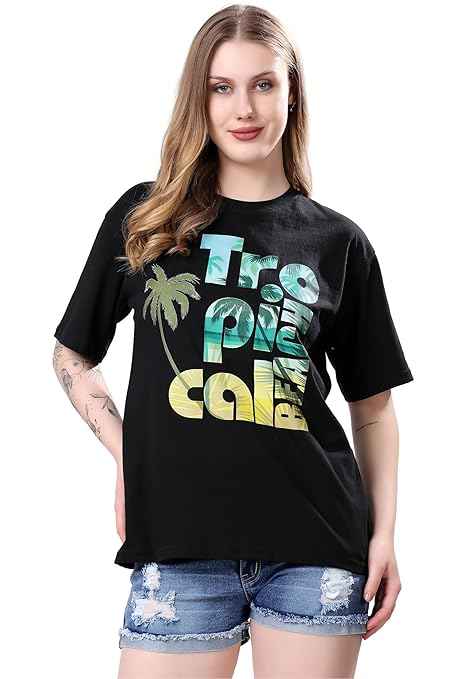 London Hills Women's Cotton Oversized Fit Tshirt |Printed Oversized t Shirts Longline Drop Shoulder Boho Style T-Shirt