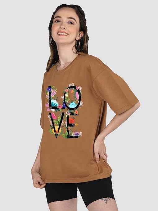 CHKOKKO Oversized Round Neck Drop Shoulder Printed Polyester Half Sleeves T-Shirt for Women