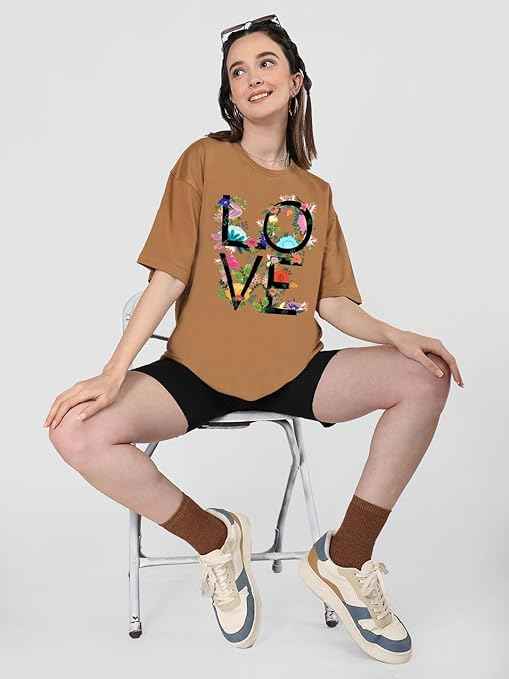 CHKOKKO Oversized Round Neck Drop Shoulder Printed Polyester Half Sleeves T-Shirt for Women