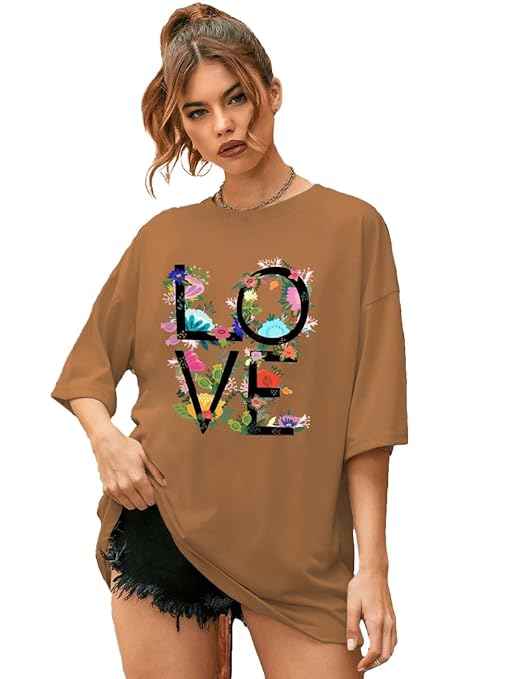 CHKOKKO Oversized Round Neck Drop Shoulder Printed Polyester Half Sleeves T-Shirt for Women