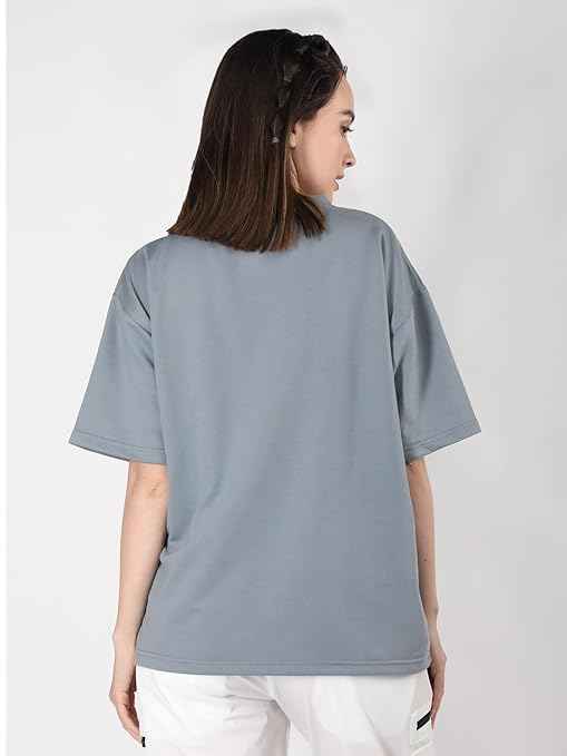 CHKOKKO Oversized Round Neck Drop Shoulder Printed Polyester Half Sleeves T-Shirt for Women