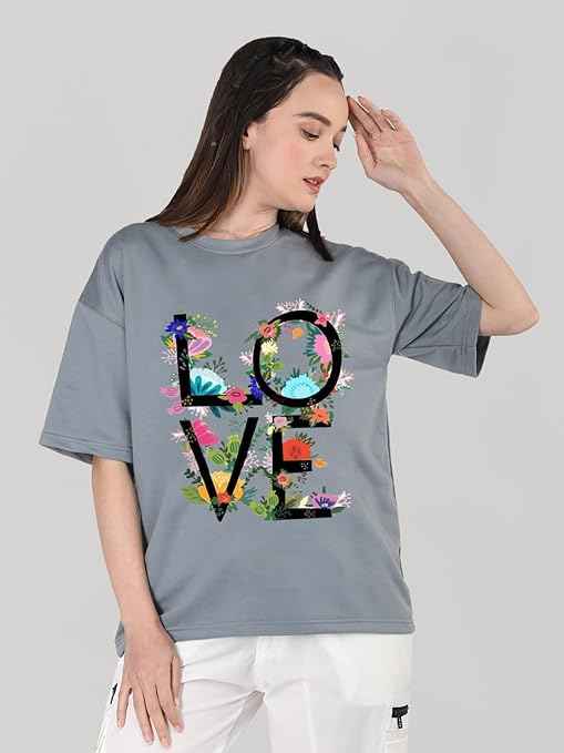 CHKOKKO Oversized Round Neck Drop Shoulder Printed Polyester Half Sleeves T-Shirt for Women