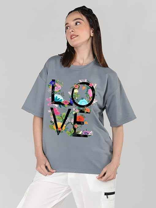 CHKOKKO Oversized Round Neck Drop Shoulder Printed Polyester Half Sleeves T-Shirt for Women