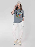 CHKOKKO Oversized Round Neck Drop Shoulder Printed Polyester Half Sleeves T-Shirt for Women