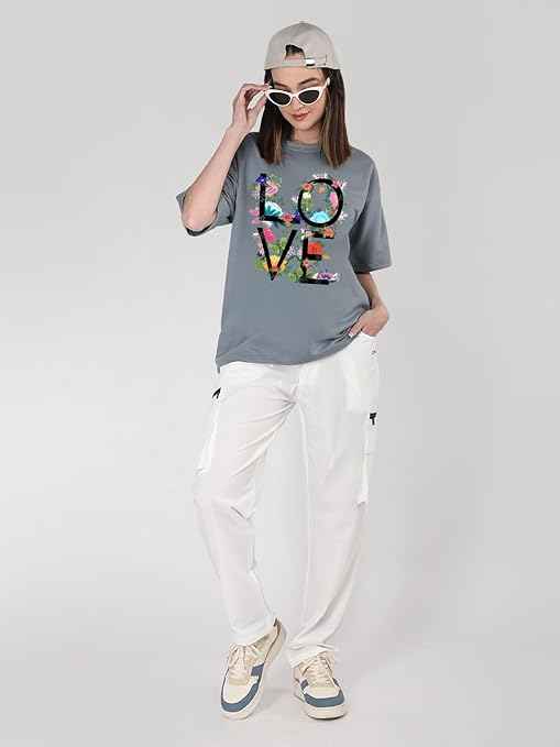 CHKOKKO Oversized Round Neck Drop Shoulder Printed Polyester Half Sleeves T-Shirt for Women