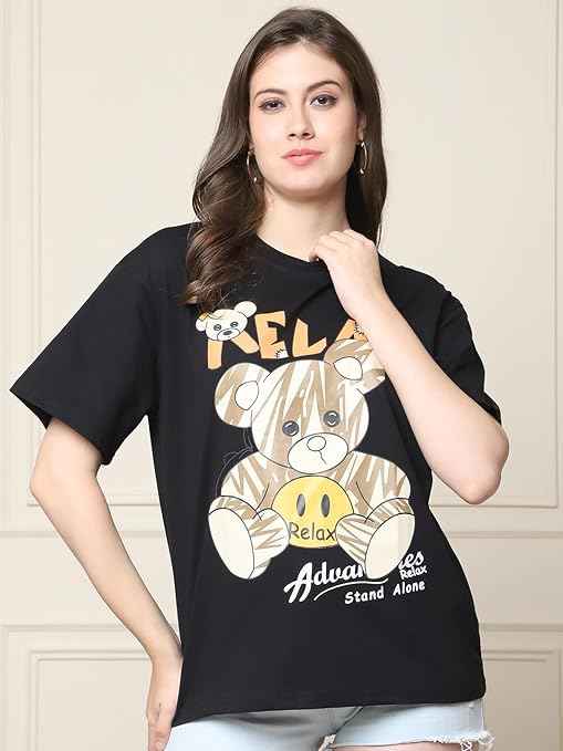 Fabflee Pure Cotton Oversized Baggy Fit Drop Shoulder Latest Aesthetic & Cool Graphic Printed Half Sleeve Tshirt for Women |Casual Loose Korean T-Shirt