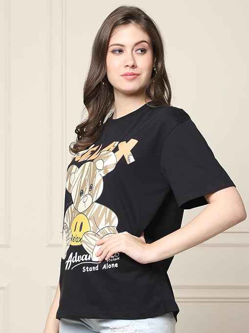 Fabflee Pure Cotton Oversized Baggy Fit Drop Shoulder Latest Aesthetic & Cool Graphic Printed Half Sleeve Tshirt for Women |Casual Loose Korean T-Shirt
