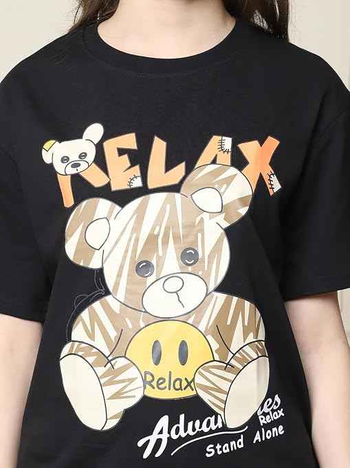 Fabflee Pure Cotton Oversized Baggy Fit Drop Shoulder Latest Aesthetic & Cool Graphic Printed Half Sleeve Tshirt for Women |Casual Loose Korean T-Shirt