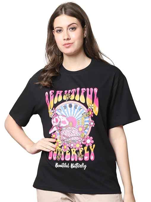 Fabflee Pure Cotton Oversized Baggy Fit Drop Shoulder Latest Aesthetic & Cool Graphic Printed Half Sleeve Tshirt for Women |Casual Loose Korean T-Shirt