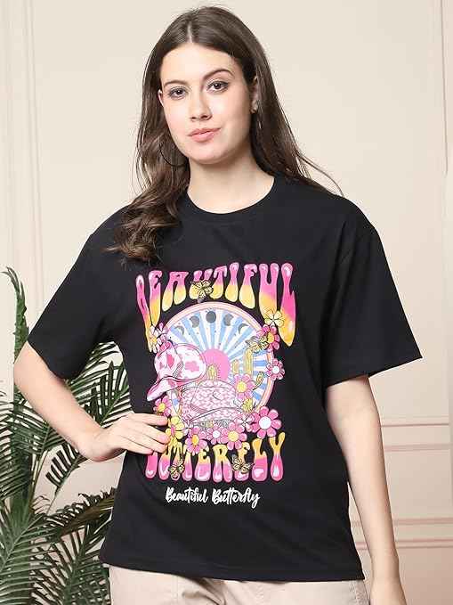 Fabflee Pure Cotton Oversized Baggy Fit Drop Shoulder Latest Aesthetic & Cool Graphic Printed Half Sleeve Tshirt for Women |Casual Loose Korean T-Shirt