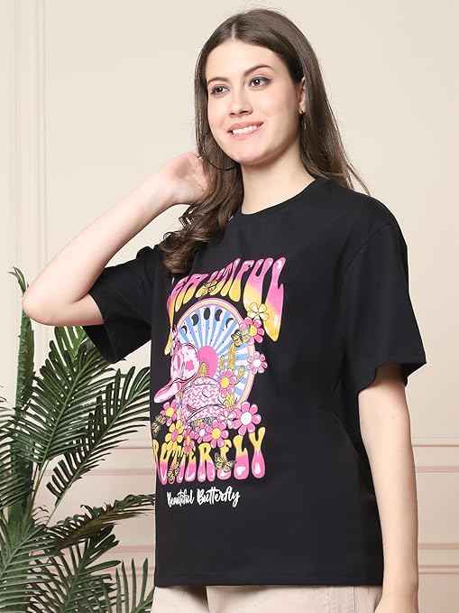 Fabflee Pure Cotton Oversized Baggy Fit Drop Shoulder Latest Aesthetic & Cool Graphic Printed Half Sleeve Tshirt for Women |Casual Loose Korean T-Shirt
