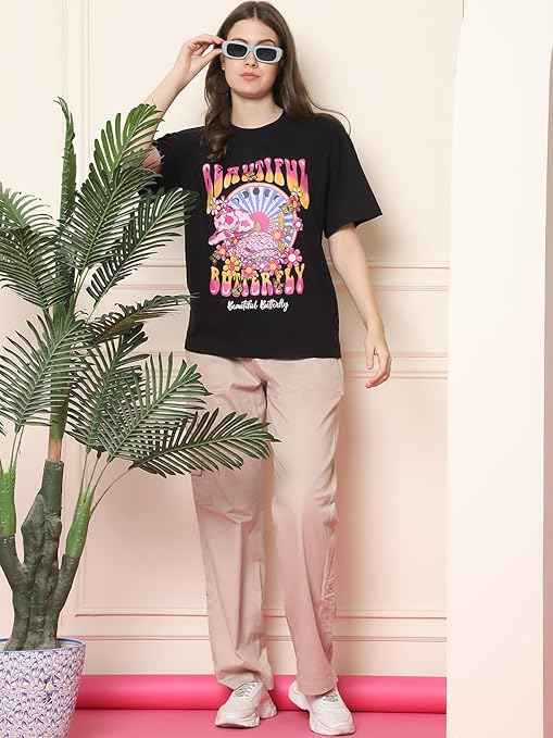 Fabflee Pure Cotton Oversized Baggy Fit Drop Shoulder Latest Aesthetic & Cool Graphic Printed Half Sleeve Tshirt for Women |Casual Loose Korean T-Shirt