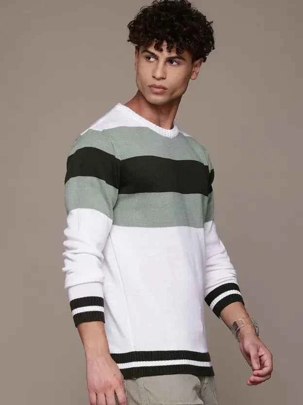 Roadster  Men Striped Round Neck White Sweater