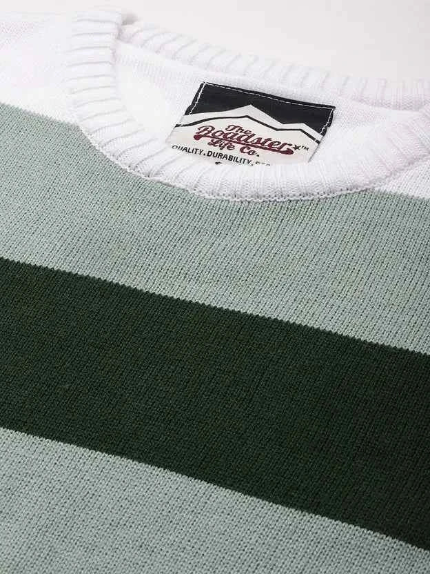 Roadster  Men Striped Round Neck White Sweater